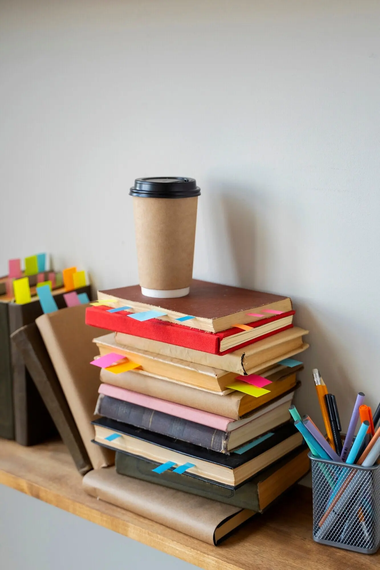 Anordnung von Büchern und Buntstiften auf einem Regal